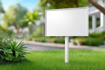 Blank white real estate signboard in green garden landscape ready for sale or marketing message placement outdoors, Generative AI