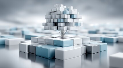 Abstract 3D tree built from digital cubes symbolizing technology growth, AI structure and futuristic data visualization, Generative AI
