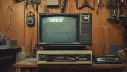Vintage TV and radio on workbench in a rustic workshop
