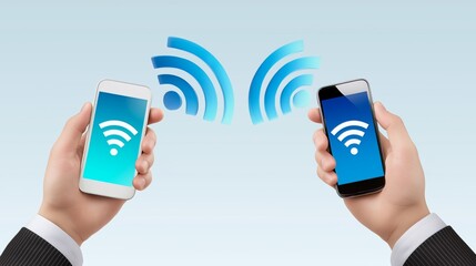 Two smartphones connecting via abstract digital network signals representing wireless data exchange and seamless smart communication, Generative AI