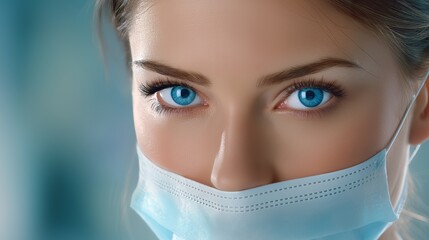 Close-up of blue-eyed woman wearing a surgical mask representing medical safety, health care and emotional intensity, Generative AI