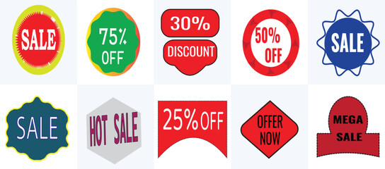 Vibrant collection of colorful vector sale and discount icons template designed for web banners, social media marketing, and promotional campaigns, ideal for businesses
