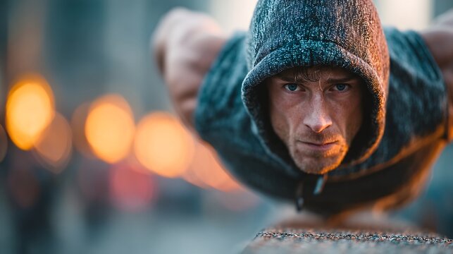 young man practicing calisthenics exercises on urban outdoor bars