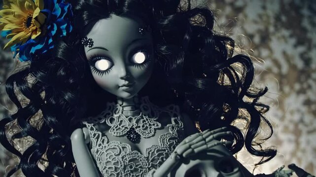 Eerie doll with glowing eyes holding skull in dark gothic setting