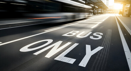 Motion blurred bus speeding down a designated bus lane in a city landscape