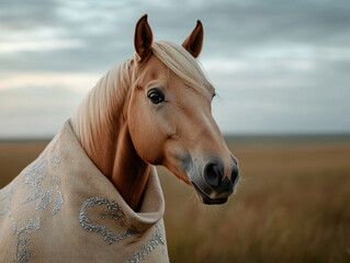 Obraz premium A horse wearing a dramatic couture cape, embroidered with silver threads that shimmer in the sunlight, standing in an open field with the wind gently blowing its mane. 