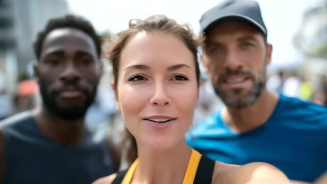A cheerful running group captures a selfie during a marathon under sunny skies.