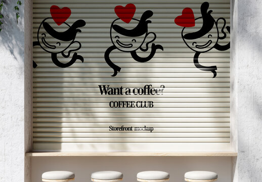 Storefront Mockup with Closed Shutter and Outdoor Bar Seating
