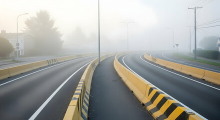 Fototapeta premium Misty Morning Road View with Concrete Barriers and Diminishing Visibility on Highway