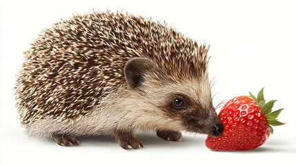 Obraz premium Hedgehog sniffing ripe strawberry isolated on transparent background 