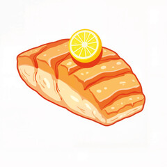 Grilled salmon fillet with lemon slice on white background  