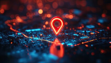 Neon red map pointer on a city map