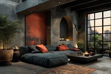 Modern cozy living room with rustic accents and stylish wabi-sabi design touches