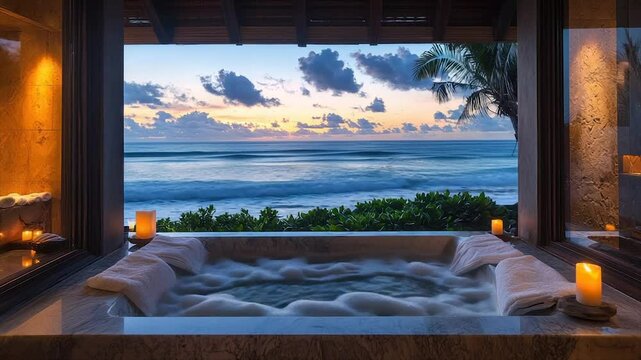 Tranquil oceanfront jacuzzi at sunset, offering luxurious relaxation