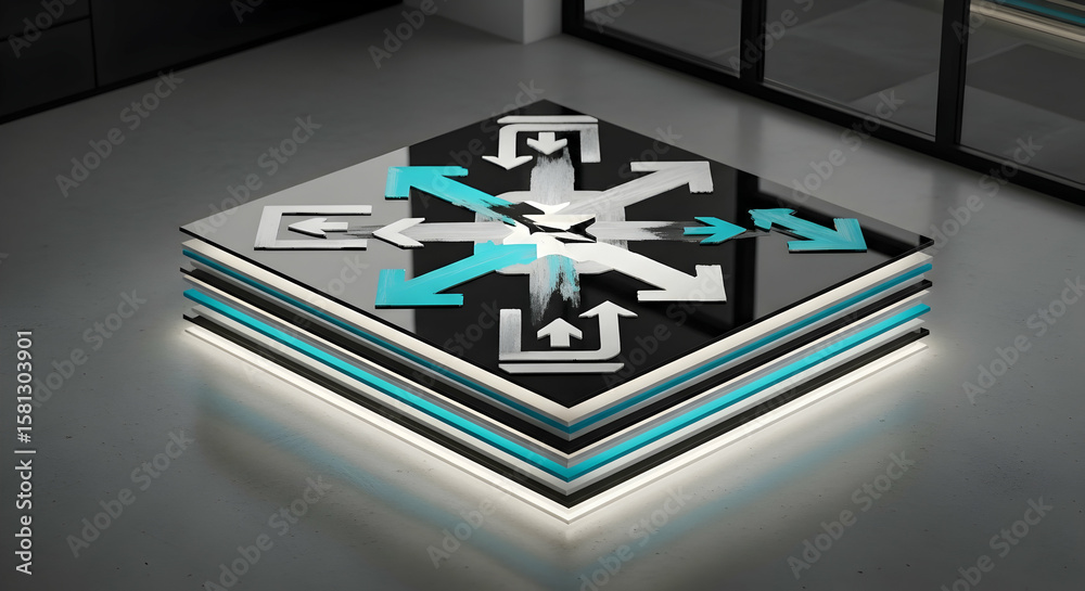 Fototapete modern abstract art piece featuring directional arrows on a layered platform object