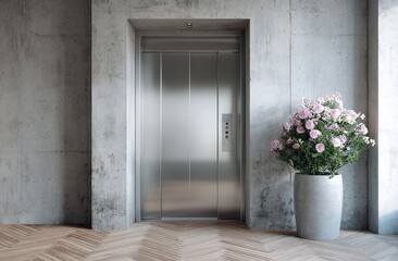 Modern Apartment Elevator Entrance with Concrete Wall and Parquet Flooring Featuring Decorative Plant