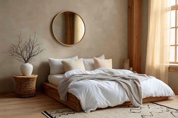 Minimalist Beige Bedroom Interior with White Linen Bedding Wooden Platform Bed Round Mirror and Natural Decor