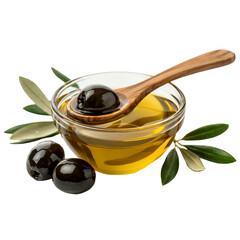 Fresh olives and olive oil in glass bowl with wooden spoon still life isolated on transparent background