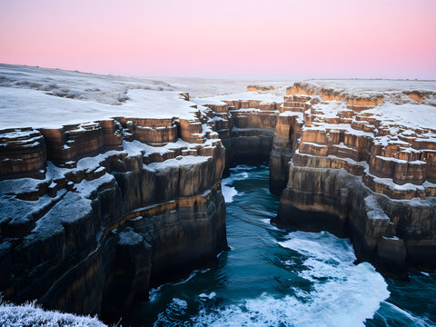 coastal cliffs with crashing waves covered in early frost within deep canyon walls illuminated by moonlight feeling untouched with leading lines - Powered by Adobe