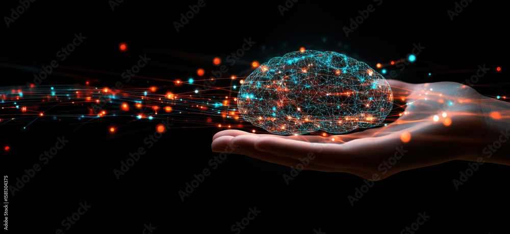 Poster digital brain representation in hand with glowing connections and data streams.