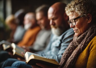 Diverse Group Sharing Bible Study in Cozy Living Room, Pages Turning as Faithful Conversation Unfolds