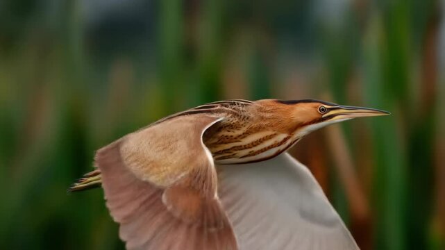 American bittern flying in wetland environment, hunting for prey