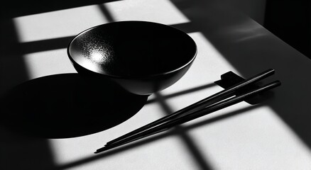 Serene Dining Scene with Chopsticks Resting on Bowl of Food in Soft Sunlight on Minimal Table Setting