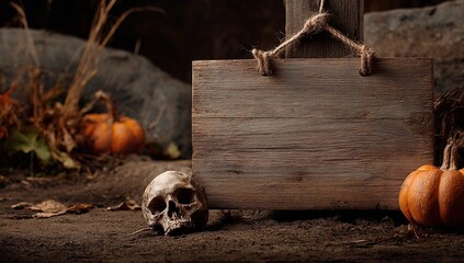 Spooky Halloween Banner with Wooden Sign, Skull, and Pumpkins on Cemetery Grass Under Night Sky