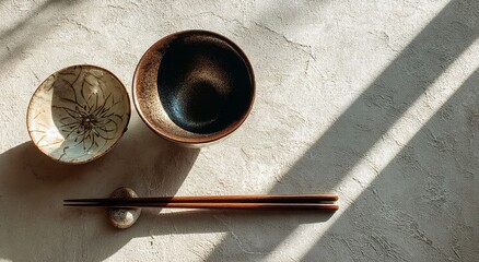 Serene Dining Scene with Chopsticks Resting on Bowl of Food in Soft Sunlight on Minimal Table Setting