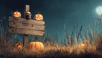 Spooky Halloween Banner with Wooden Sign, Skull, and Pumpkins on Cemetery Grass Under Night Sky