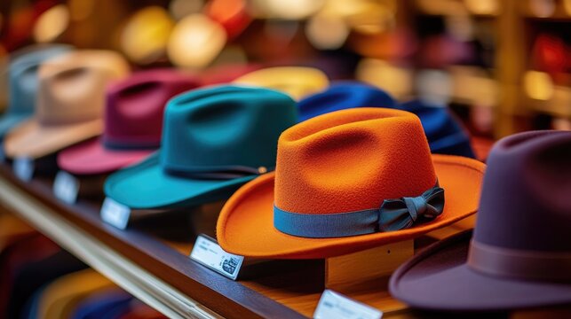Display of colorful hats on shelves
