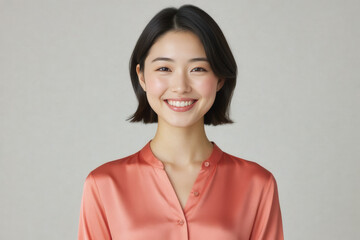 Fototapeta premium A smiling Asian woman with short, dark hair gazes directly at the camera while wearing a peach-colored shirt.
