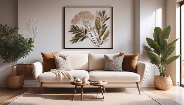 elegant minimalist interior featuring framed botanical art neutral decor luxury home console table zoom virtual background virtual meeting cozy interior backdrop stylish living room design