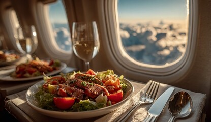 Luxury Airplane Meal on Tray Table with Fresh Salad, Silverware, and Three Closed Windows Overlooking the Sky