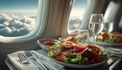 Luxury Airplane Meal on Tray Table with Fresh Salad, Silverware, and Three Closed Windows Overlooking the Sky