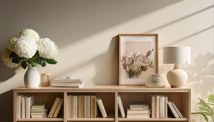 minimalist beige bookshelf with books white hydrangeas lamp and framed art zoom virtual background virtual meeting cozy interior backdrop stylish living room design contemporary spaces