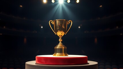 A golden trophy stands proudly on a velvet podium under dramatic spotlight in an auditorium.