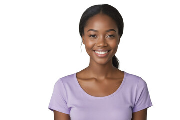 A smiling young Black woman with long dark hair looks directly at the camera, wearing a light purple t-shirt against a gray background.