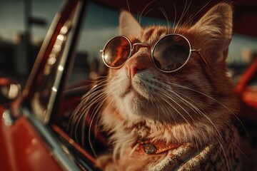 Cool Orange Cat Wearing Sunglasses Sitting in Passenger Seat of Red Car