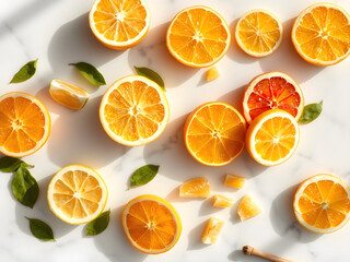 Obraz premium Citrus fruit slices creatively arranged on white marble with natural light and minimalist styling for freshness