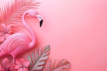 Pink Flamingo Tropical Paradise:  Elegant Bird, Palm Leaves, Floral Design