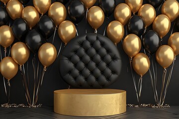 Elegant Black and Gold Balloon Display with Luxurious Platform
