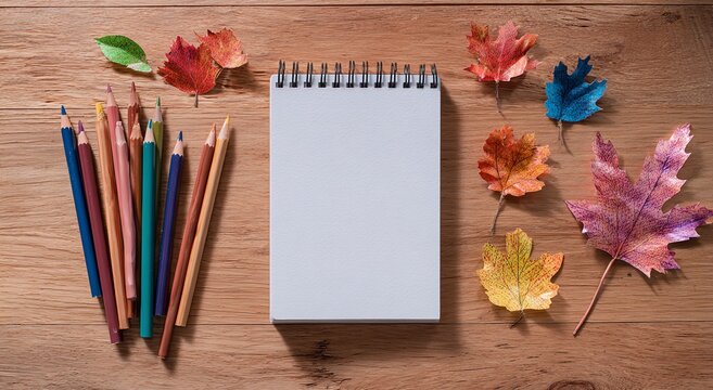 Blank Notebook with Colored Pencils and Autumn Leaves, Inspiring Joyful Writing on National Cleaning Day