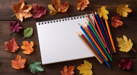 Top View Flat Lay of Empty White Notebook with Colorful Cutout Leaves and Pencils on Dark Wood Background