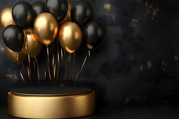 Elegant Black and Gold Balloons on Podium: Luxury Event Background