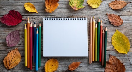Blank Notebook with Colored Pencils and Autumn Leaves, Inspiring Joyful Writing on National Cleaning Day