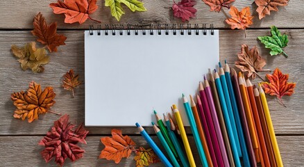 Blank Notebook with Colored Pencils and Autumn Leaves, Inspiring Joyful Writing on National Cleaning Day
