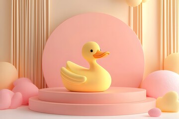 Cute Yellow Rubber Duck on Pink Display Stand: Pastel Minimalist Product Photography