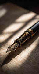 Elegant Gold-Trimmed Fountain Pen Resting on Classic Beige Paper with Soft Light and Shadow Stripes
