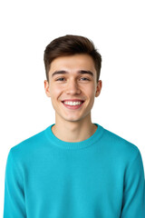 A young man with short brown hair smiles genuinely at the camera, wearing a teal sweater against a clean white background.
